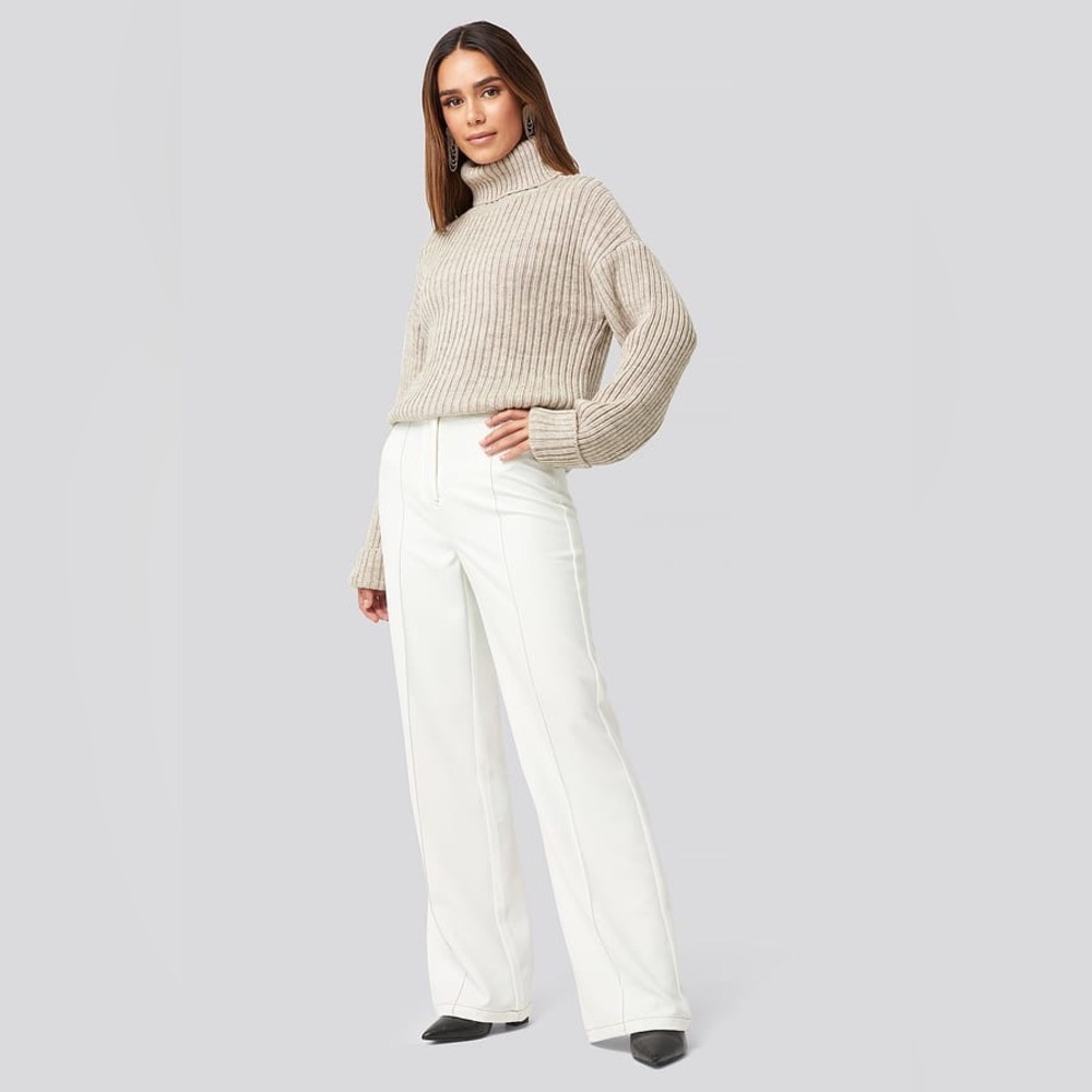 NA-KD Beige Ribbed Knitted Turtleneck Sweater